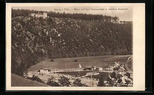 AK Weida /Th., Sommerbad und Schöne Aussicht aus der Vogelschau