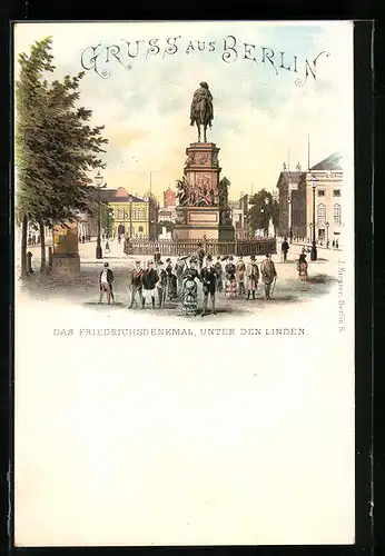 Lithographie Berlin, Friedrichsdenkmal unter den Linden mit Besuchern