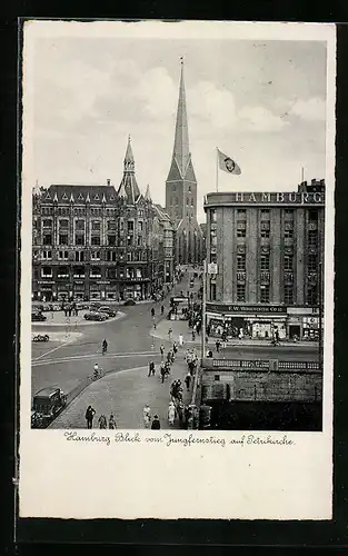 AK Hamburg, Blick vom Jungfernstieg auf Petrikirche, Woolworth, Tanz- und Teeraum Vaterland