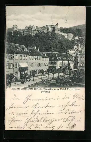 AK Heidelberg, Schloss mit Kornmarkt vom Hotel Prinz Karl gesehen