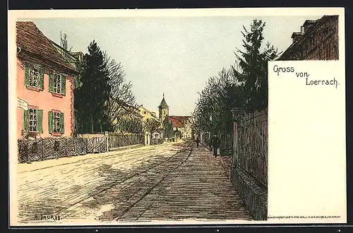 Künstler-Lithographie Hermann Daur: Loerrach, Strassenpartie mit Blick zur Kirche