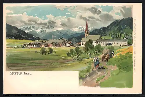 Künstler-Lithographie Edward Harrison Compton: Seefeld, Totale mit Bauern