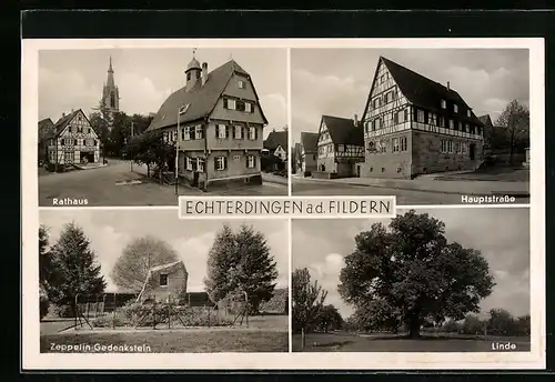 AK Echterdingen a. d. Fildern, Hauptstrasse, Rathaus, Zeppelin-Gedenkstein