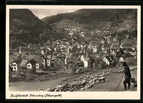 AK Schramberg /Schwarzwald, Schäfer mit seiner Herde, Ortsansicht von der Anhöhe aus