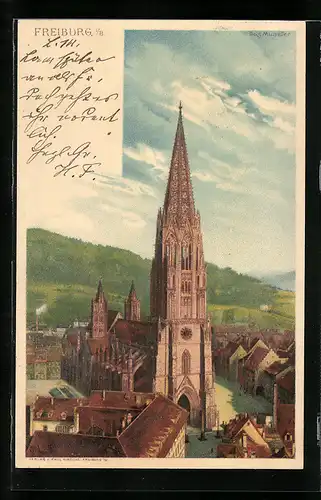 Lithographie Freiburg i. B., Blick auf den Dom