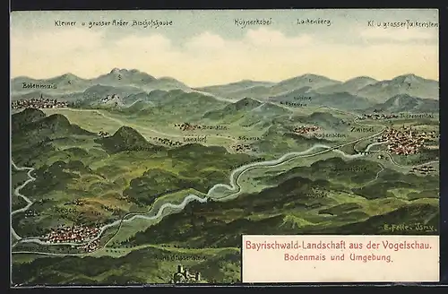 Künstler-AK Eugen Felle: Bayrischwald-Landschaft aus der Vogelschau, Blick auf Bodenmais und Umgebung