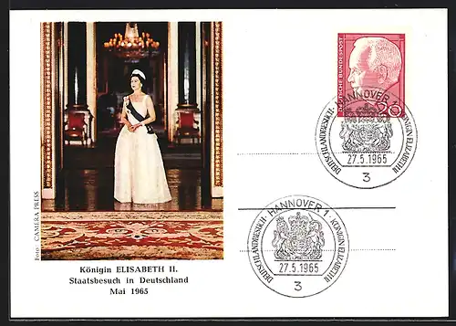 AK Deutschland-Besuch Königin Elizabeth II. und Prinz Philip 1965, Sonderpostkarte mit Portrait der Königin