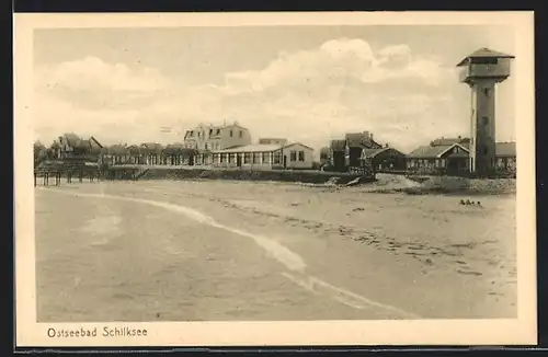 AK Ostseebad Schilksee, Blick von der Ostsee zum Ort