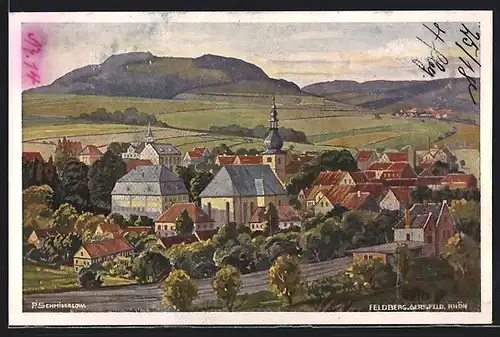 Künstler-AK Gersfeld, Ortspanorama mit dem Feldberg