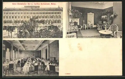 AK Mainz, Hotel Rheinischer Hof, Restaurant Carlton, Innen- und Aussenansicht