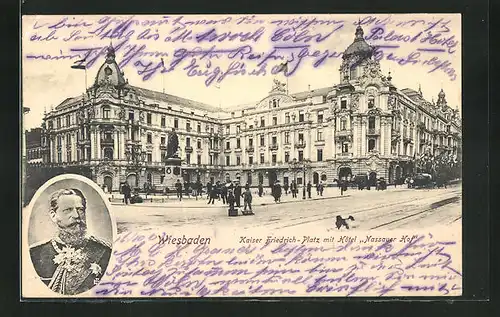 AK Wiesbaden, Kaiser Friedrich - Platz mit Hotel Nassauer Hof