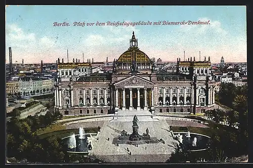 AK Berlin, Platz vor dem Reichstagsgebäude mit Bismarck-Denkmal