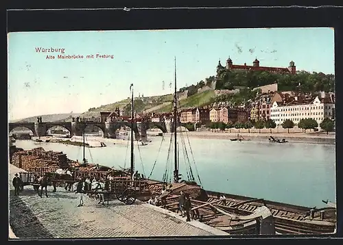 AK Würzburg, Alte Mainbrücke mit Festung und Pferdewägen