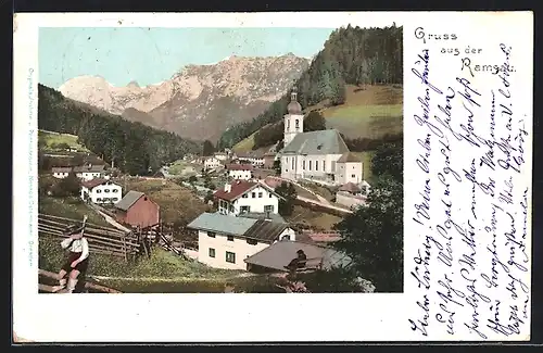 AK Ramsau, Teilansicht mit Kirche und Jungen