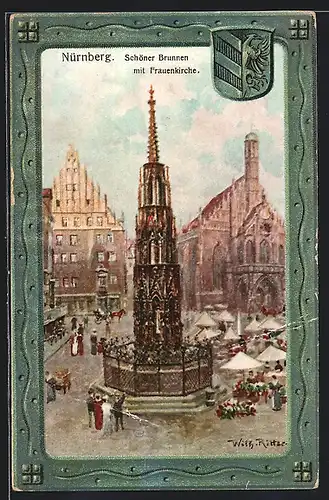 Künstler-AK Nürnberg, Schöner Brunnen mit Frauenkirche