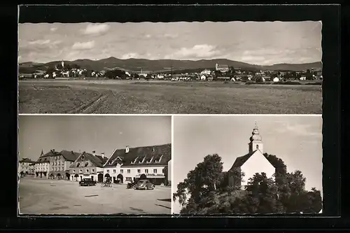 AK Hengersberg /Bayr. Wald, Strassenpartie mit Geschäften, Kirche, Teilansicht