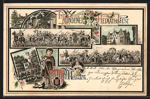 Lithographie Hann. Münden, I. Mündener Heimatsfest, Festumzug, Turm, Gebäudeansicht
