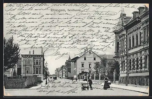 AK Ebingen, Schillerstrasse mit Metallgiesserei Beck und Passanten