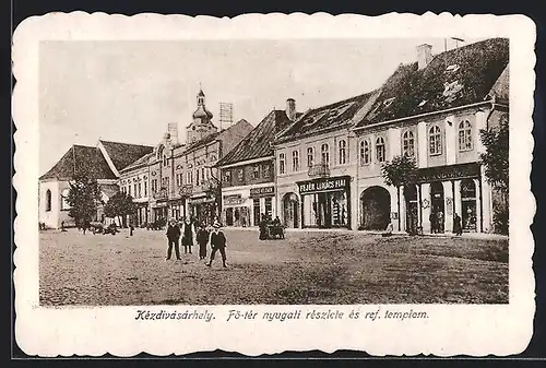 AK Kézdivásárhely, Fö-ter nyugati részlete és ref. templom, Synagoge