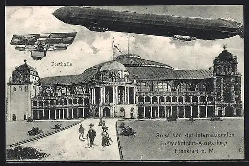 AK Frankfurt a. M., Internationale Luftschiffahrt-Ausstellung, Zeppelin und Flugzeug über Festhalle