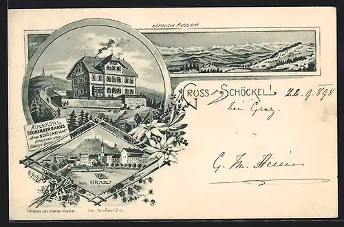 Lithographie Graz, Alpen-Hôtel Stubenberghaus auf dem Schöckel, Nördliche Aussicht, Teilansicht