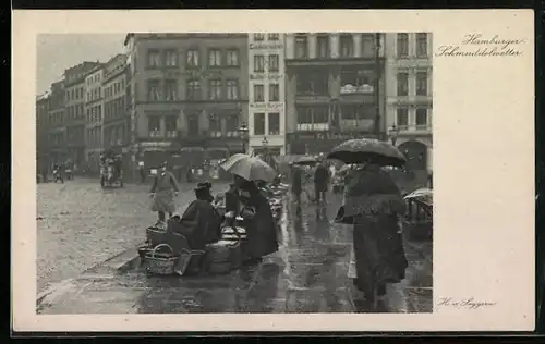 AK Hamburg, Passanten und Strassenhändler bei Schmuddelwetter