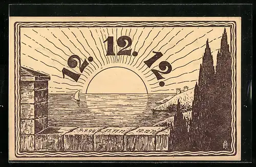 AK Grusskarte vom 12.12.1912, Sonnenaufgang, Datumsstempel