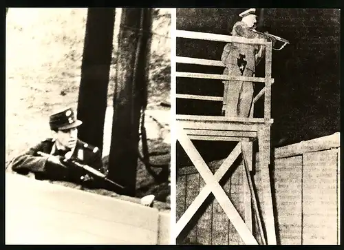 Fotografie unbekannter Fotograf, Ansicht Berlin, Westberliner Grenzer und Polizist schiessen in das Gebiet der DDR