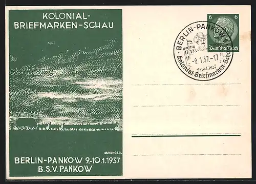 AK Berlin-Pankow, Kolonial-Briefmarken-Schau 1937, Trek vor untergehender Sonne, Ganzsache