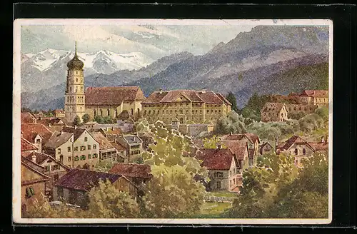 Künstler-AK Bludenz, Ortsansicht mit Kirche