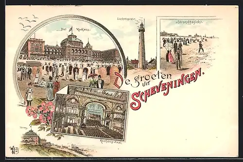 Lithographie Scheveningen, Lichttoren, Strandgezicht