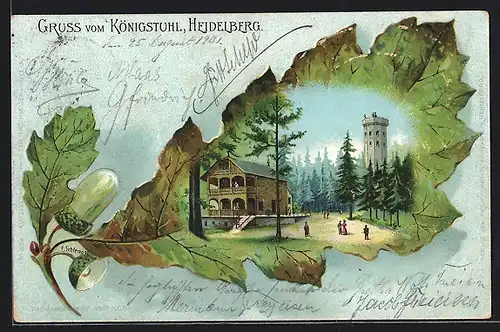 Passepartout-Lithographie Heidelberg, Gasthaus Königstuhl mit Aussichtsturm, Eichenblatt