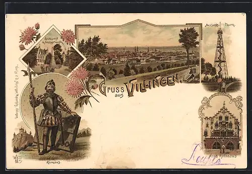 Lithographie Villingen, Aussichtsturm, Altes Rathaus, Romäus