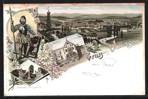 Lithographie Villingen, Romeius, Totalansicht, Rathhaus, Reichspost und Amtsgerichtsgebäude