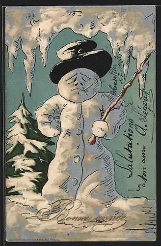 AK Grimmiger Schneemann mit Zigarette