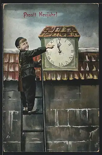 AK Schornsteinfeger zeigt lachend auf die Uhr, Prosit Neujahr