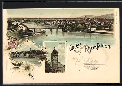 Lithographie Rheinfelden, Teilansicht mit Brücke, Obertor, Uferpartie