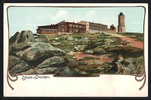 Lithographie Brocken, Teilansicht mit Turm