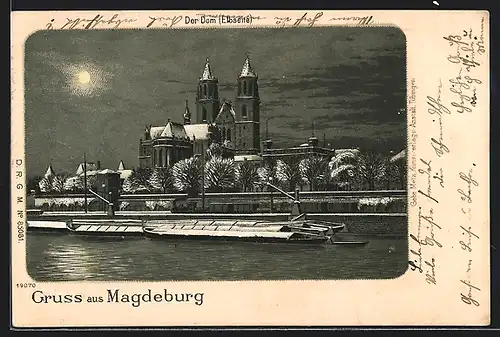 Winter-Lithographie Magdeburg, Der Dom, Elbseite