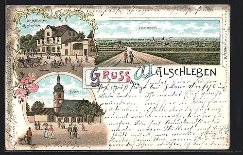 Lithographie Walschleben, Geschäftshaus A. Schneider, Kirche, Totalansicht