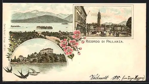 Lithographie Pallanza, Ortspartie, Villa am See, Blick über den Lago Maggiore
