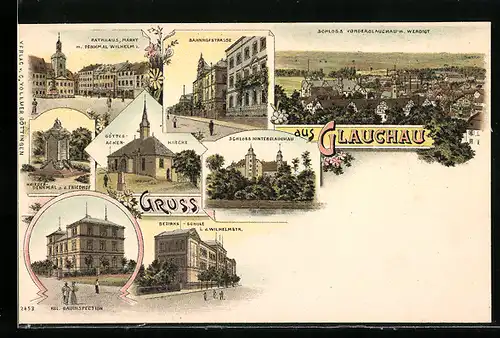Lithographie Glauchau, Schloss Hinterglauchau, Bauinspektion, Gottesacker-Kirche, Bahnhofstrasse