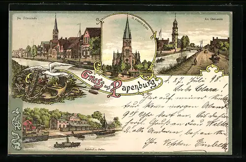 Lithographie Papenburg, Bahnhof und Hafen, Am Untenende und Obenende