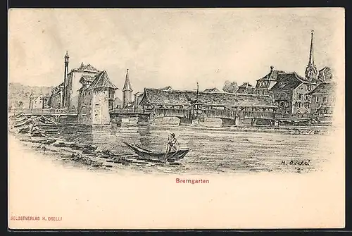 Künstler-AK Bremgarten, Ortspartie mit Reussbrücke