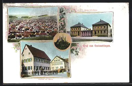 AK Onstmettingen, Neues Schulhaus, Gasthof zur Krone, Gesamtansicht