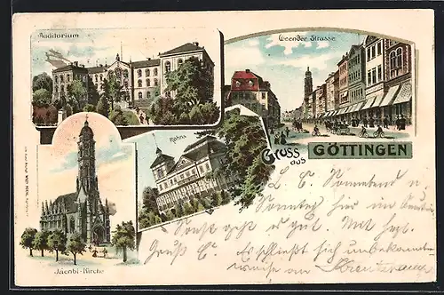 Lithographie Göttingen, Wwender Strasse, Auditorium, Rohns und Jacobi-Kirche