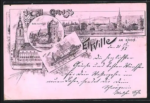 Vorläufer-Lithographie Eltville am Rhein, 1892, Burg Crass, Burg Eltville, Panorama
