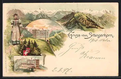 Lithographie Stans, Hotel Stanserhorn, Gebirgspanorama, Schweizerin in Tracht