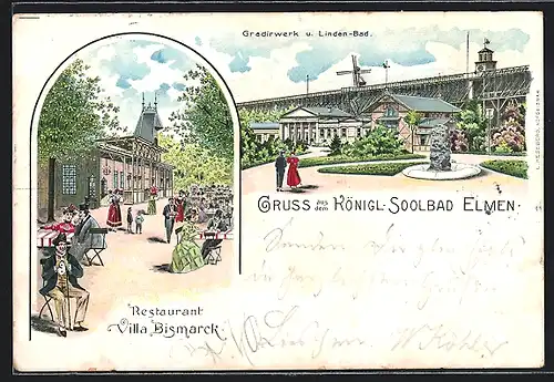 Lithographie Elmen, Restaurant Villa Bismarck, Gradierwerk und Linden-Bad