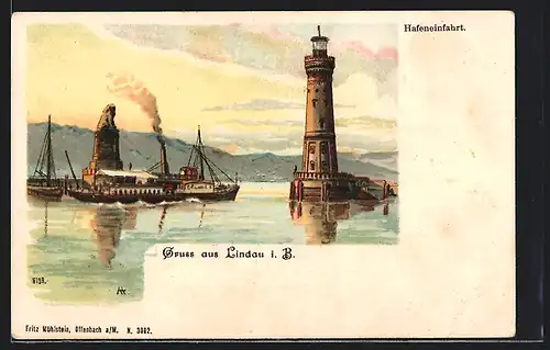 Lithographie Lindau i. B., Hafeneinfahrt mit Leuchtturm